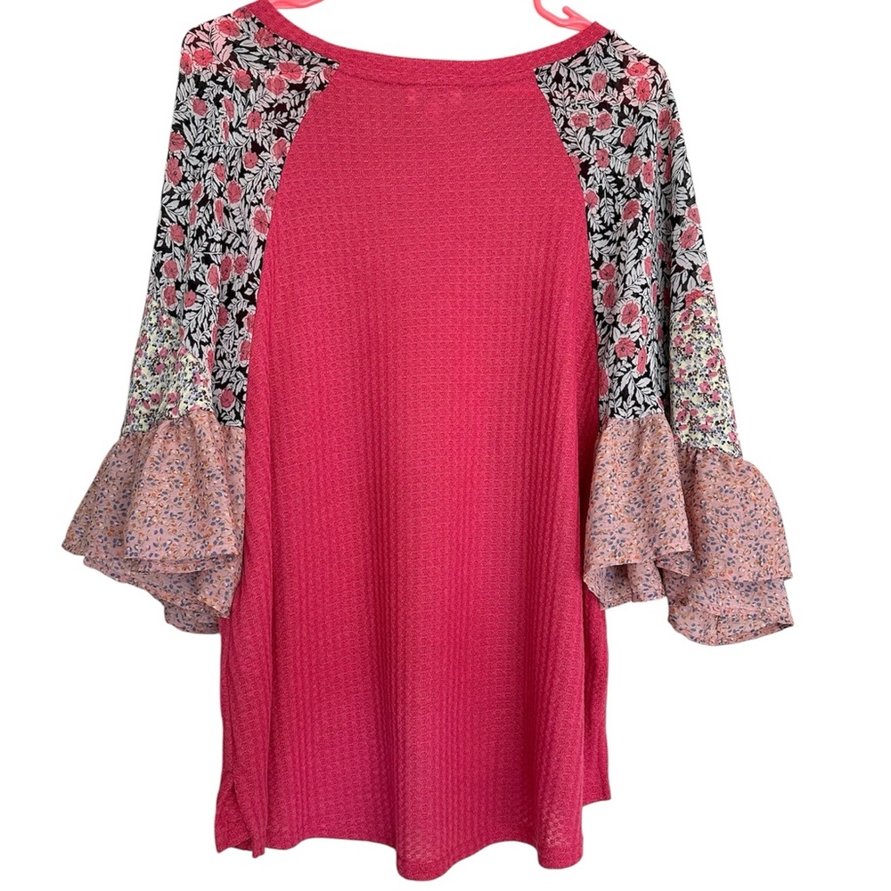 Umgee Vibrant Fuchsia Floral Butterly Ruffle Sleeve Waffle-knit Top Size S - Picture 5 of 5